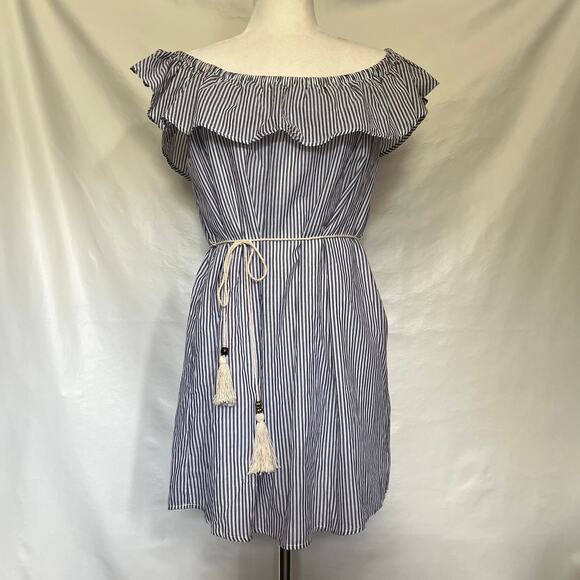 You and I Off Shoulder Dress Womens Sz L Blue Stripe Ruffle Tassel Cottage Core - Picture 11 of 11